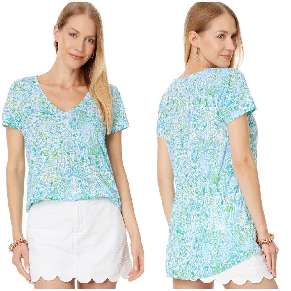 Lilly Pulitzer Women's Etta V-Neck Short Sleeve Tee in Green Blue Size S